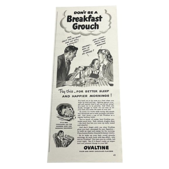 Vintage 1948 Ovaltine Print Ad Dont Be a Breakfast Grouch Original Ad - Picture 1 of 5